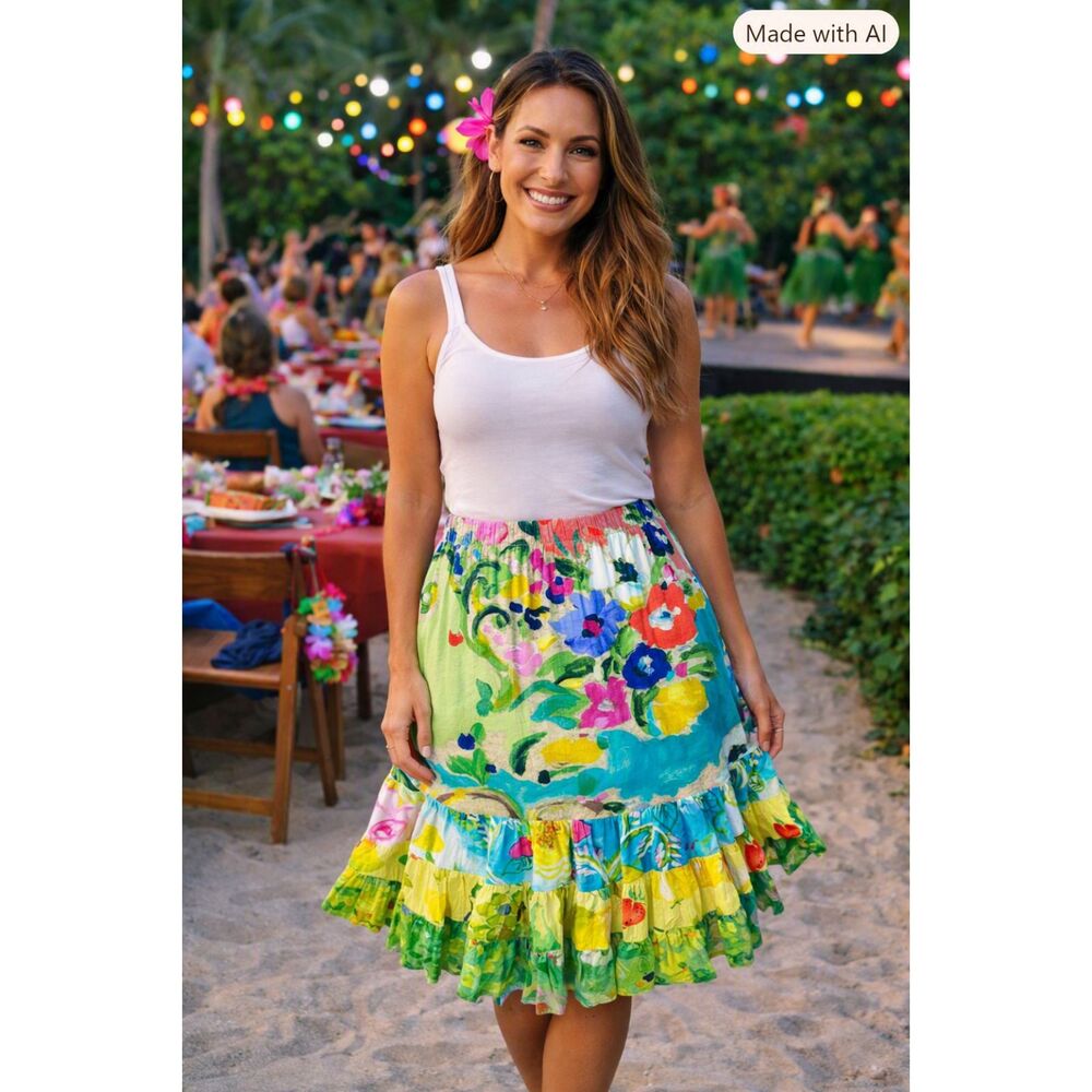 Jams World Hattie Skirt L Flower Kiss Print Lime Green Pink Aqua Yellow FUN - Picture 3 of 8